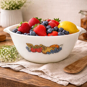 Vintage Fire-King Nature’s Bounty Milk Glass Mixing Bowl w Cinderella Handles